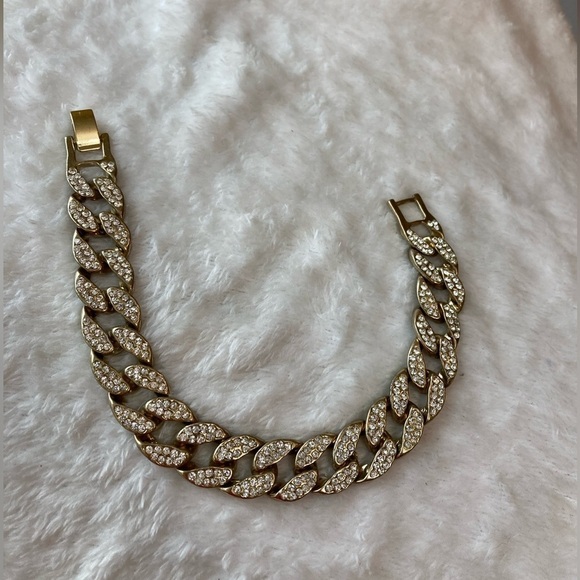 Vintage Unisex Cuban‎ Link Bracelet w/ Clear Stones - Picture 1 of 7